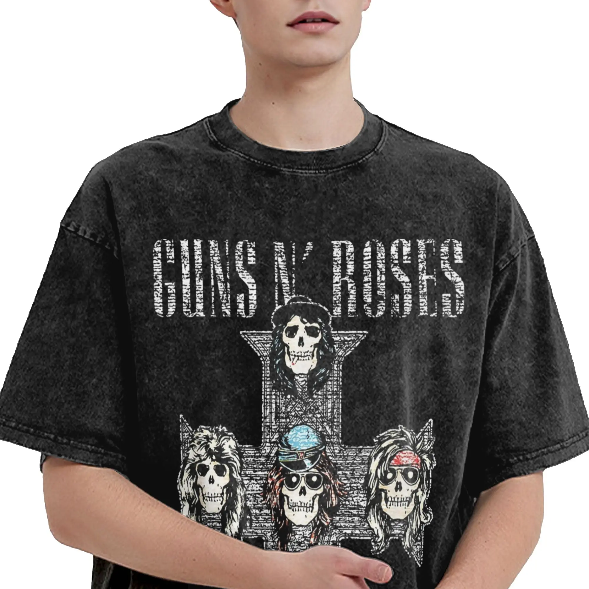 Guns N Roses Vintage Cross T Shirt Hip Hop Washed Cotton Harajuku T-Shirt  Casual Men Women Tops Streetwear Summer Tee Shirt - view 5