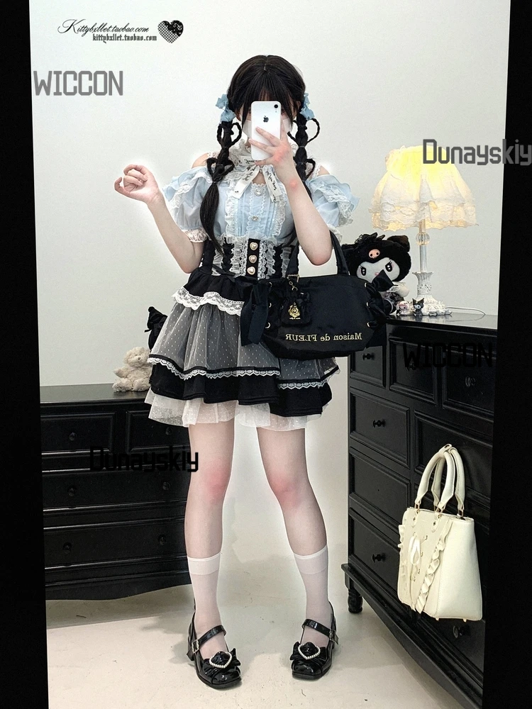 جيراي كي اليابانية Kawaii تأثيري ازياء قميص المياه أنيقة جميلة الدانتيل خط واحد قبالة الكتف أعلى حزب اليومية هالوين كوس