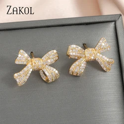 ZAKOL New Brilliant Micropaved Zirconia Bowknot Earrings Delicate Sliver Color Ear Accessories Gift for Women
