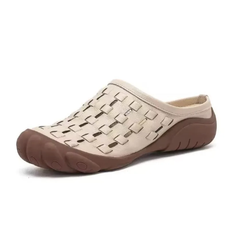 

Women Summer Slippers Retro Style Handmade Weave Genuine Cow Leather Slip On Flat Casual Slides Round Toe Sandals Shoes