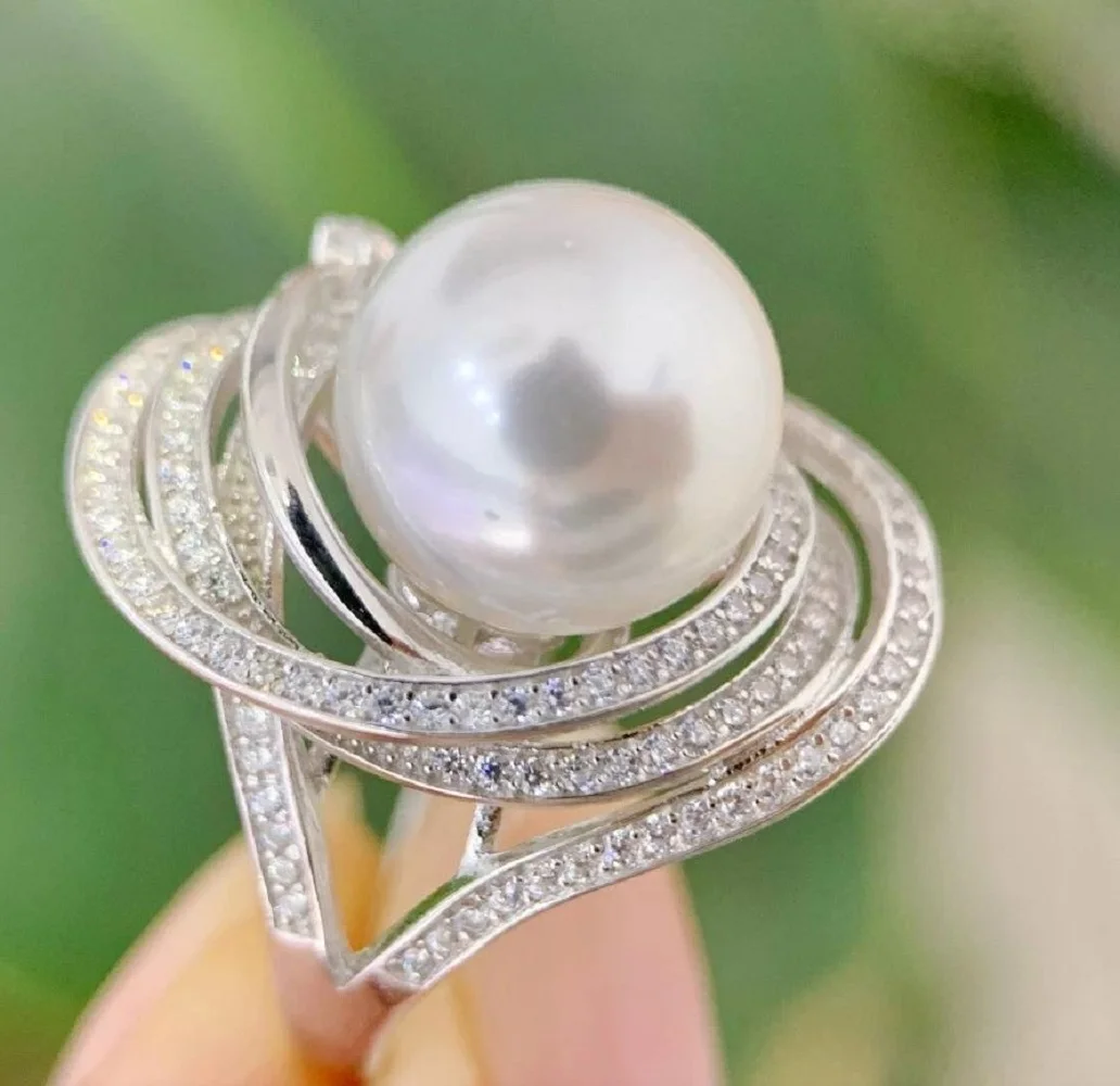 

Exquisite and gorgeous adjustable ring AAA11-12mm natural South Sea white round pearl ring 925S