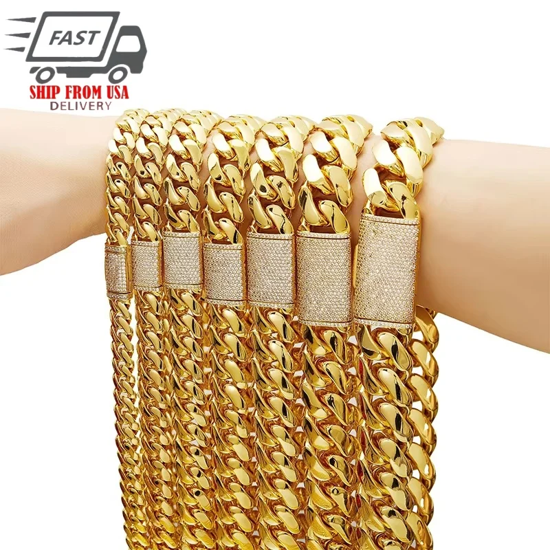 

8-22mm Hip Hop Bling Iced Out 18k Gold-plated Stainless Steel Dense Cuban Miami Link Chain Necklaces for Unisex Rapper Jewelry