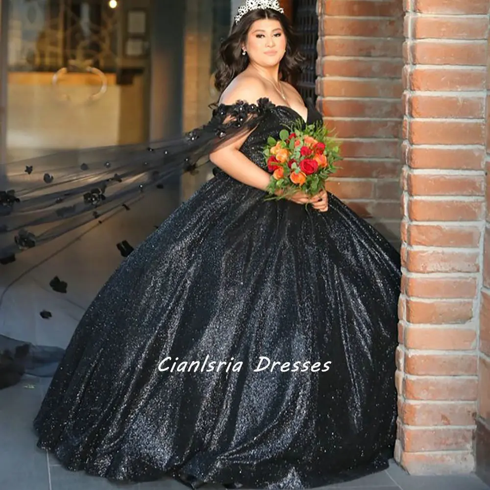 Đen Pha Lê Lấp Lánh Plus Kích Thước Quinceanera Đầm Bầu Lệch Vai 3D Hoa Dây Chéo Vestidos De XV Anos