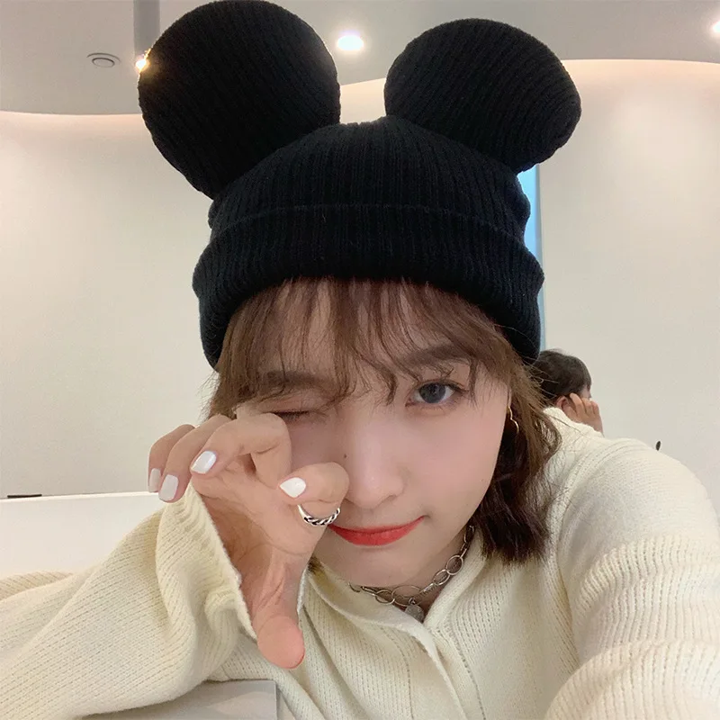 Disney Mickey Mouse Beanies Knitted Hat Cartoon Creative Ears Skullies Cap Winter Hats for Women Men Warm Windproof Outdoor Hat