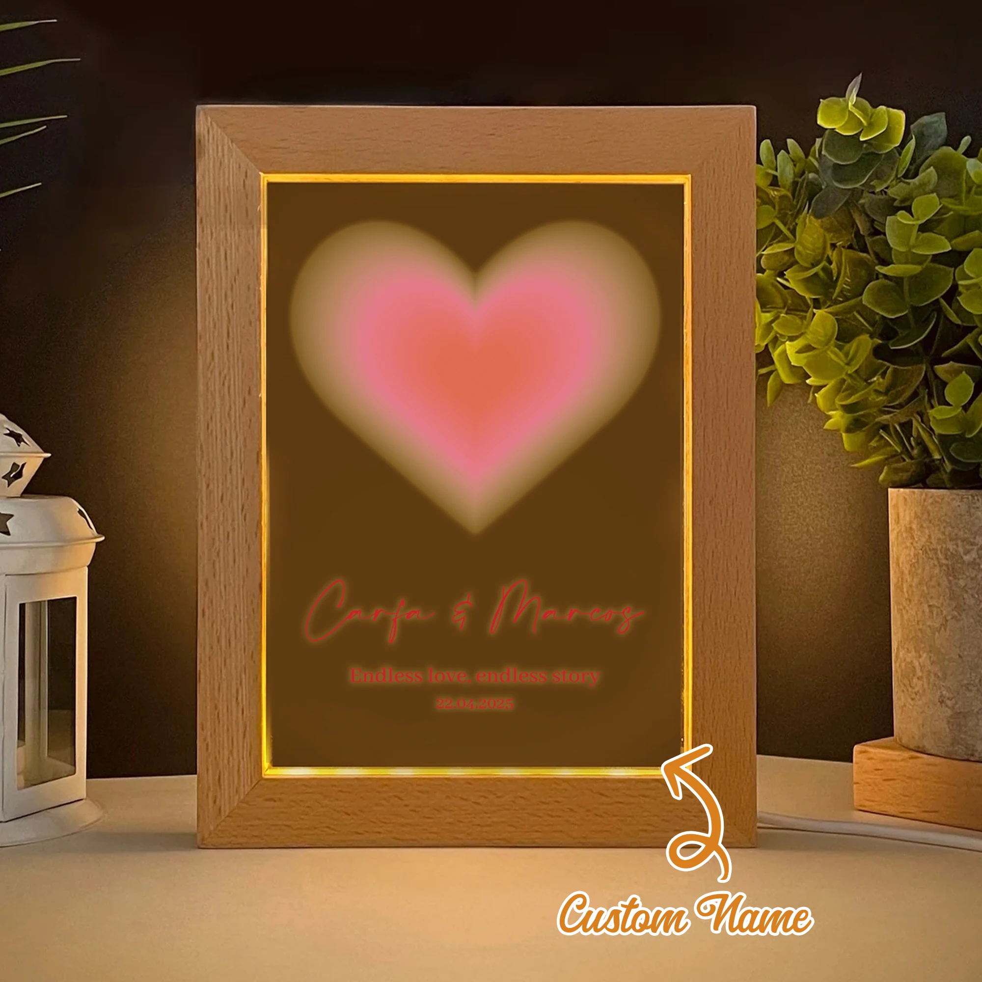 

2D Flat Custom Name Love LED Acrylic Night Light Wood Photo Frame 21x17cm Cartoon Children's Bedroom Gifts Home Decor