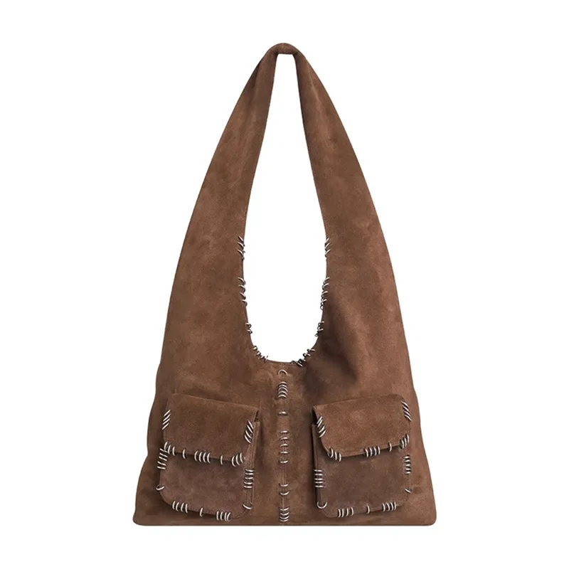 

Сумки-тоут большой емкости из искусственной замши для женщин, роскошные дизайнерские сумки, кошельки 2024, новинка в модном стиле с заклепками для подмышек, широкое плечо