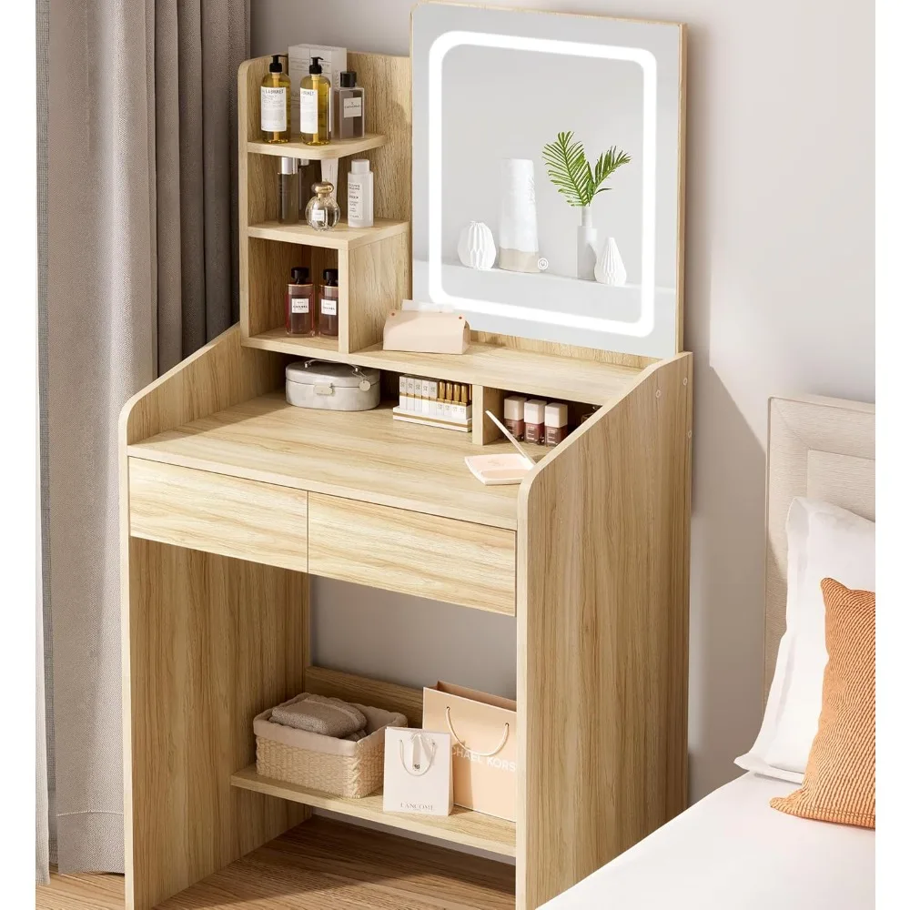

Vanity Desk Set with Square Makeup Mirror and Light- Small Vanity Table with Drawers-