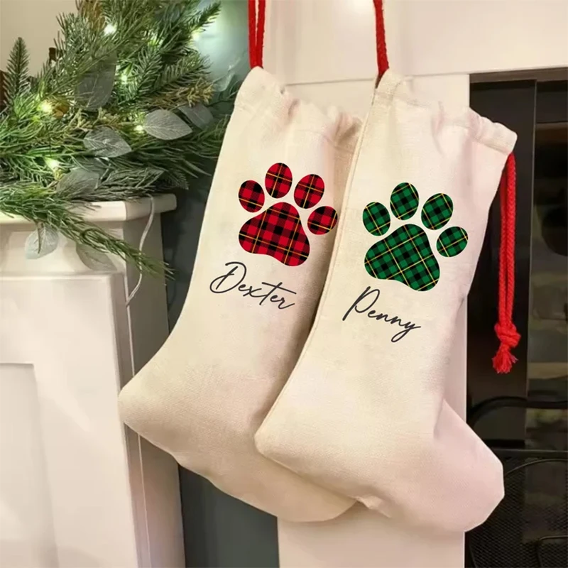 

personalised Santa Claus sack Paw Print Pet Dog stocking Merry Christmas Xmas tree Fireplace Mantle Decoration gift Present Bag