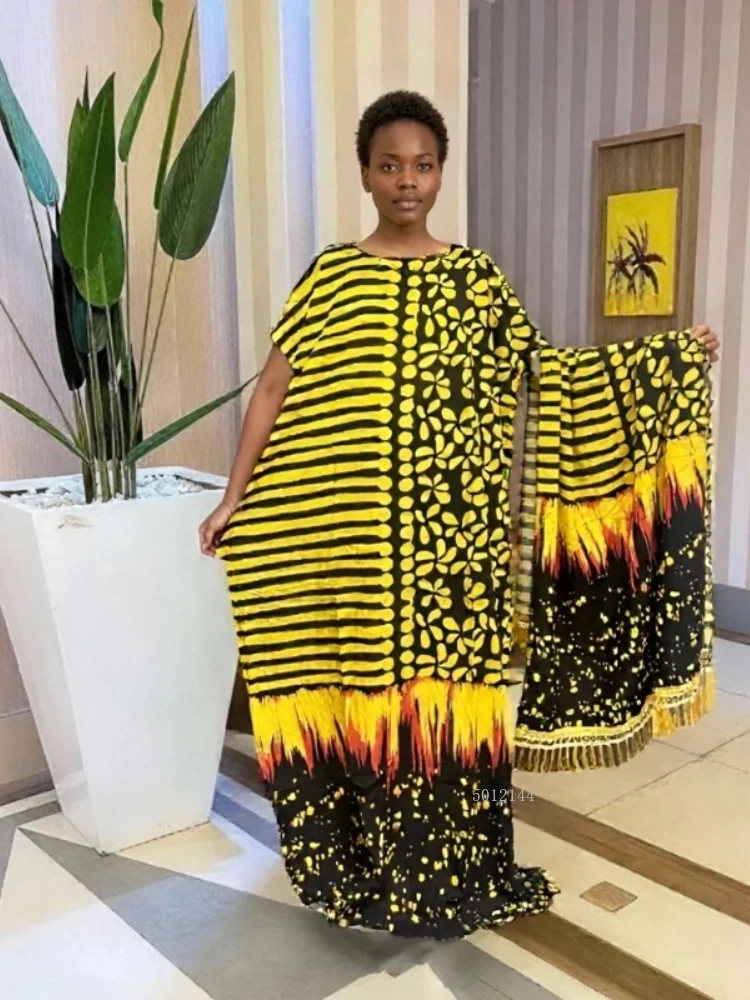 

2025 New Fashion Loose Casual Pocket Ethnic Robe African Summer Printed Large Size Women's Scarf Elegant Cotton Dress