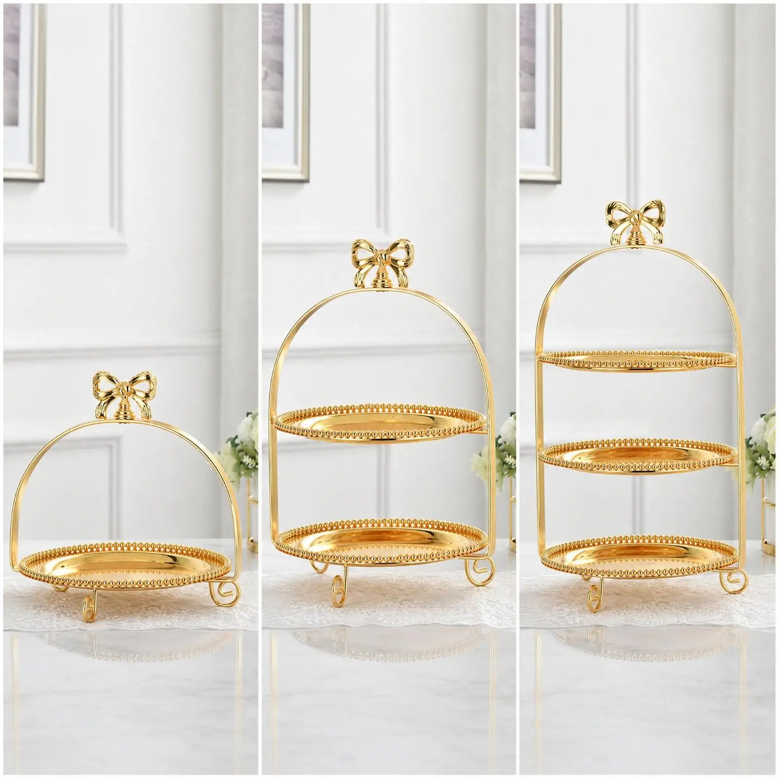 Metal Cake Display Stand Gold Finish with Decorative Bow and Curled Legs for Buffet Dessert Table Arrangement