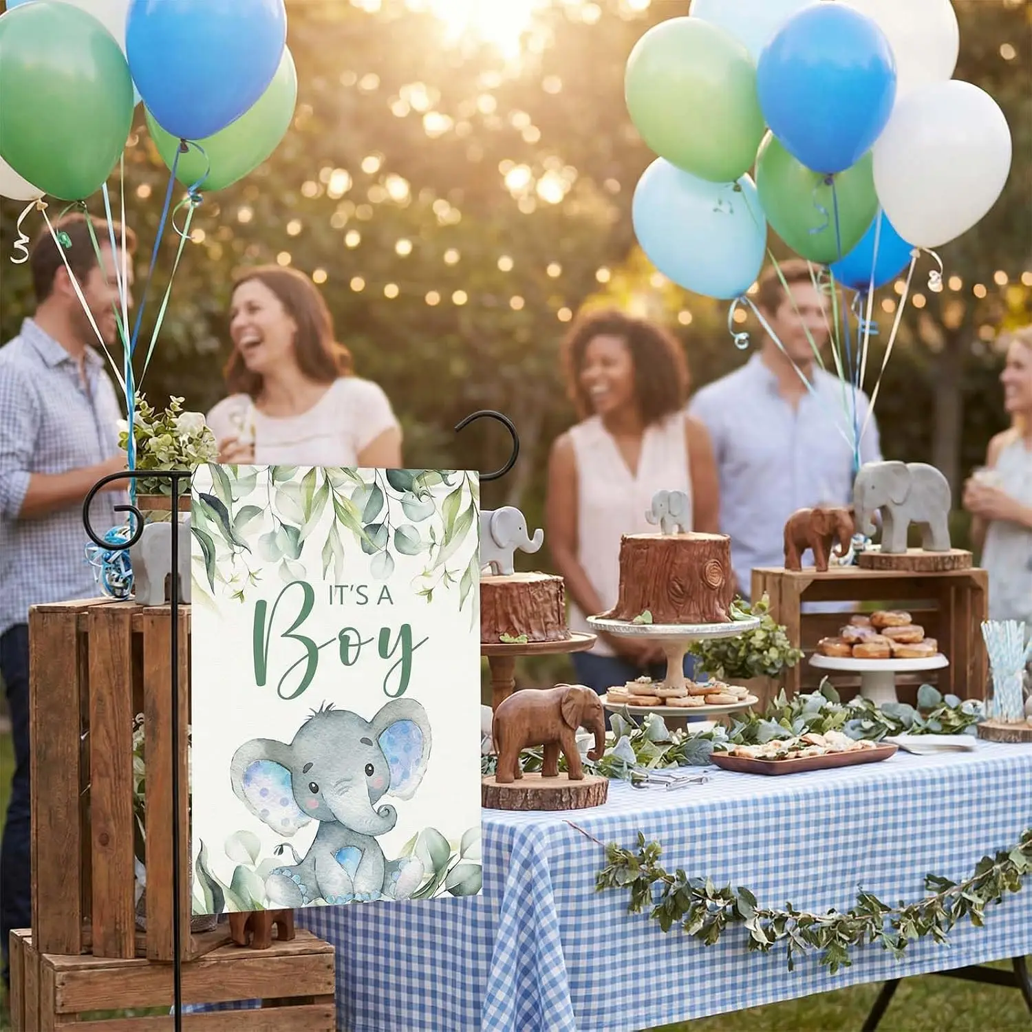 Boy Elephant Garden Flag, 12x18 Inch Double Sided Greenery Baby Shower Decor, Elephant Baby Shower Outdoor Lawn Decor for Ba kkz