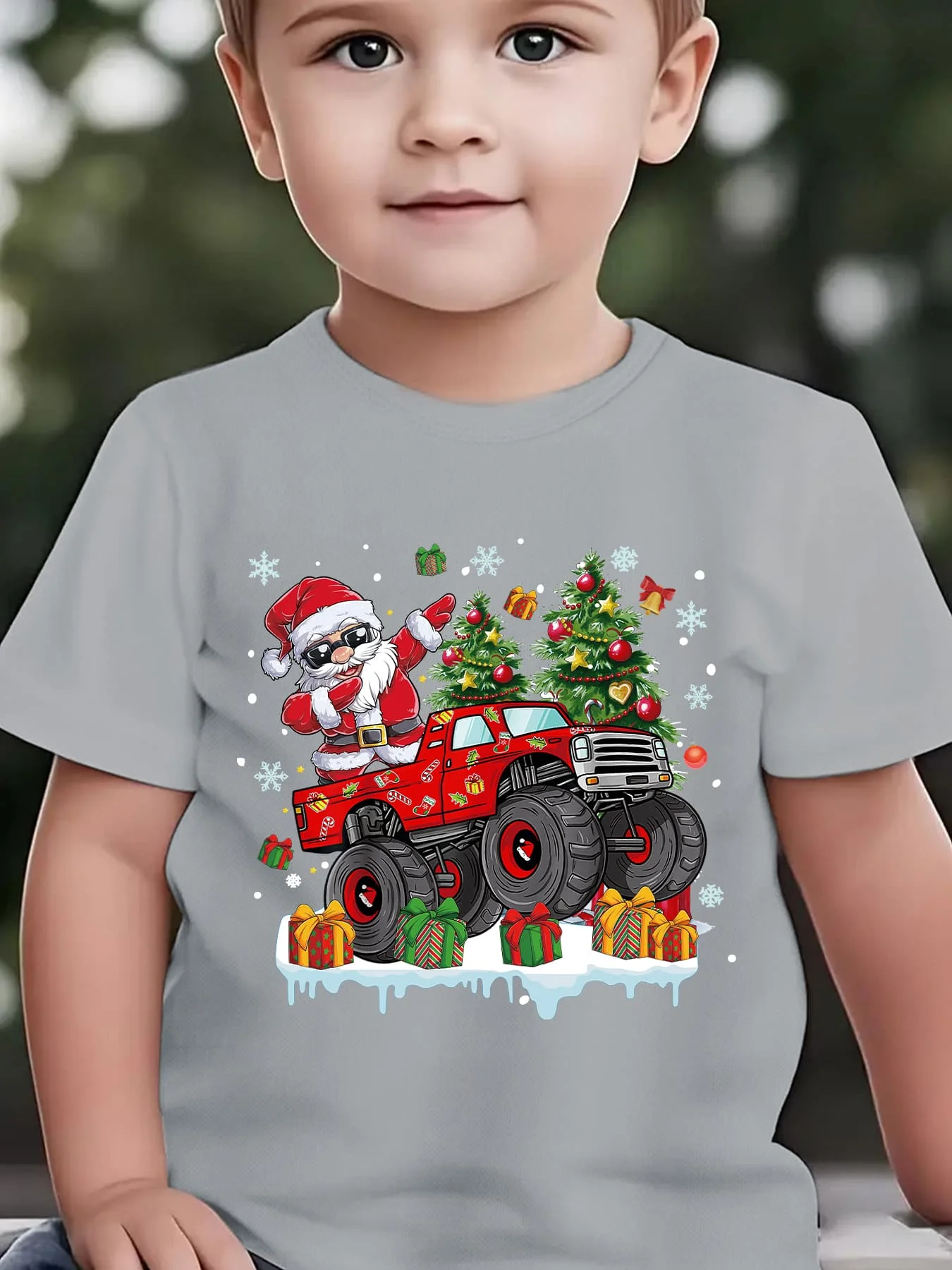 Christmas Summer Children's Fashion Short Sleeve Santa Claus Cartoon Printed Casual Parent Child Top Dancing on A Truck