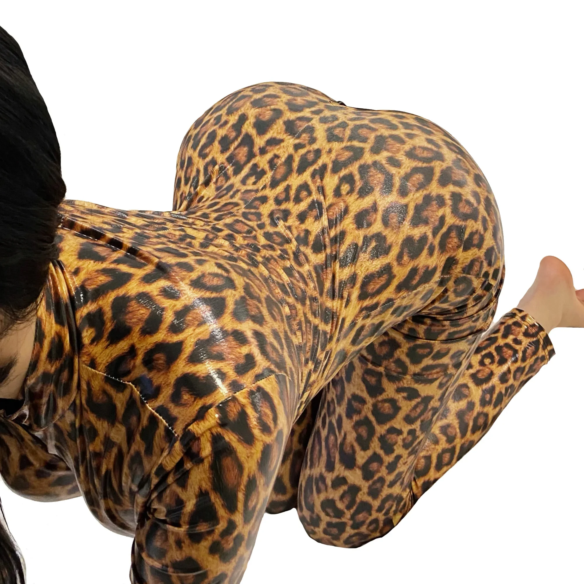 Women Zipper Open Crotch Catsuit Jumpsuits Leotards Sexy Slim Leopard Print Faux Leather Bodysuits Long Sleeve Jumpsuit Clubwear