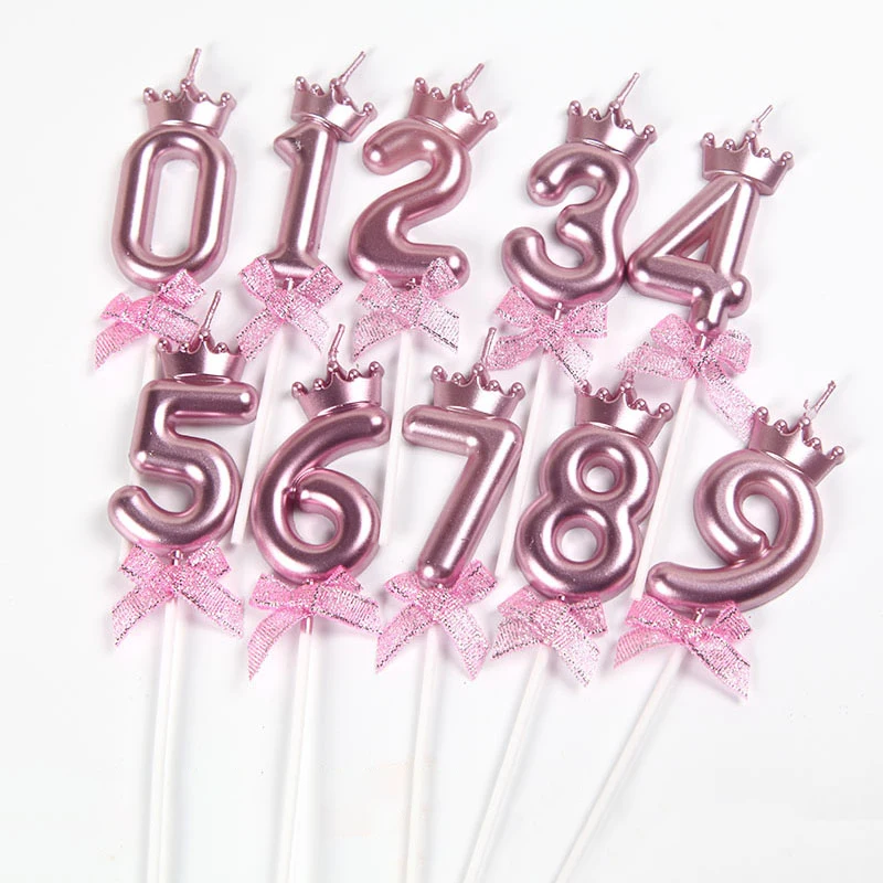 Rose Gold Crown bow tie digital candles 0-9, used for birthday cake decorations