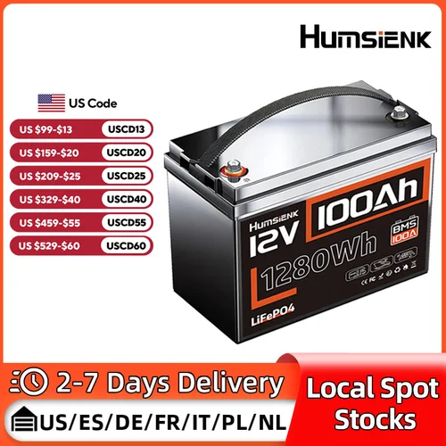 Humsienk 12V 100Ah eingebaute 100A BMS Lithium-Eisenphosphat-Akkus für Wohnmobile/Vans/Trolling-Motoren/Golfwagen/Camping