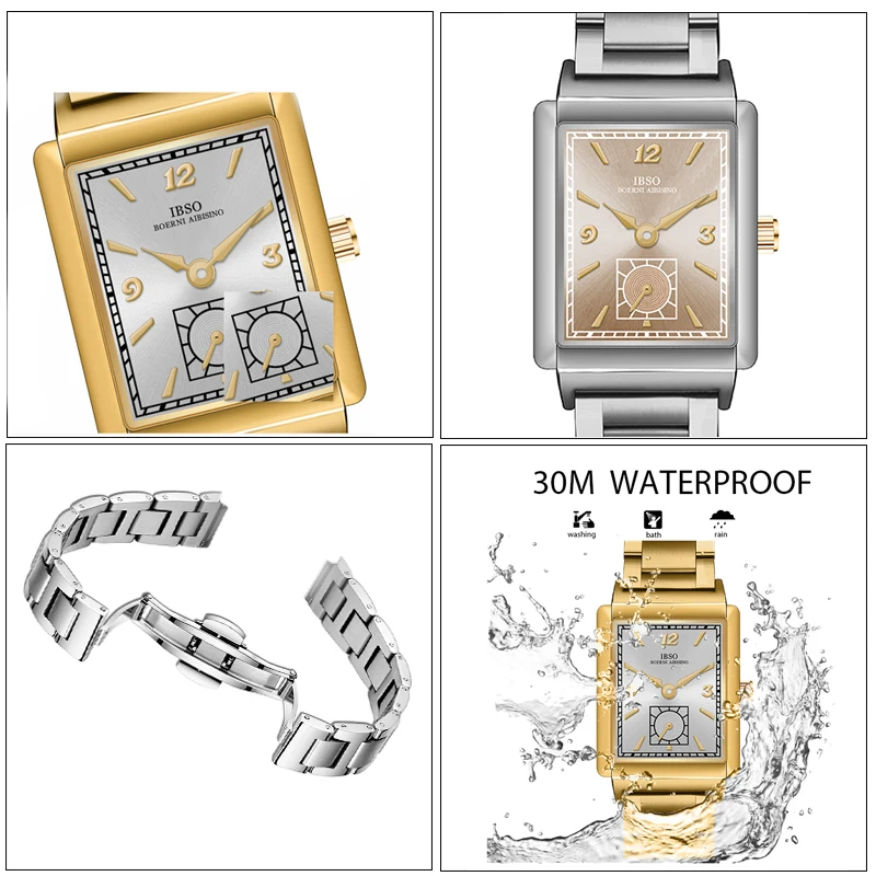 แฟชั่นผู้หญิงนาฬิการูปสี่เหลี่ยมผืนผ้า Golden Steel นาฬิกากันน้ําหญิงของขวัญแบรนด์หรูสุภาพสตรีนาฬิกาข้อมือ Silver