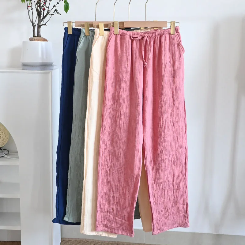 2025 New Summer Style Couples 100% Cotton Crepe Pants  Loose Home Pants Multi-color Nine-point Pants Women's Pajama Pants