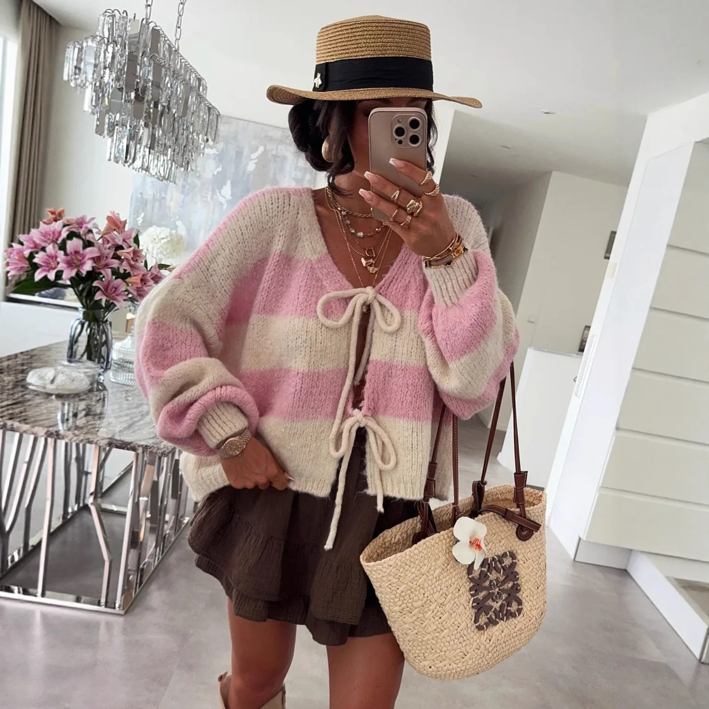 Autumn Winter Stripe Knitted Coat Women Elegant Style V-neck Long Sleeve Bowknot Leace-up Cardigan Lady Knitwear Clothing Coats