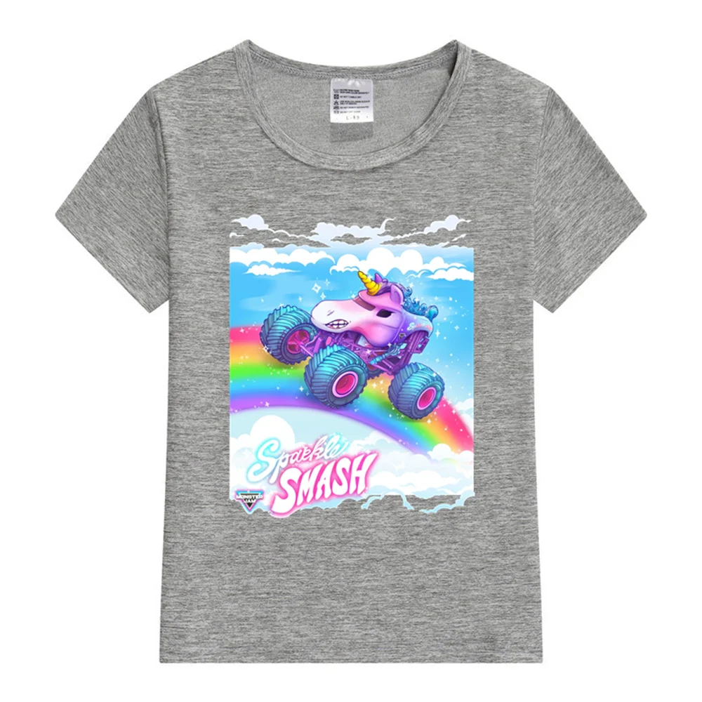 التألق سحق شاحنة يونيكورن طباعة الرسم تي شيرت للأطفال ، قمم الجمالية الوردي ، تي شيرت الصيف ، موضة جديدة ،