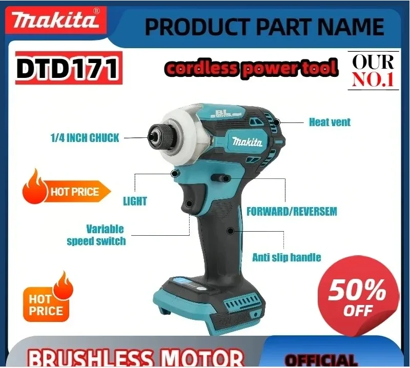 Makita DTD171 High Torque Brushless Impact Reversible Screwdriver 18V High Power Cordless Electric Tool for 18V Battery