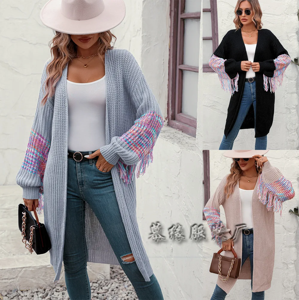 

Вязаный кардиган KIDCRKJ для женщин: весенний, с бахромой на рукавах, контрастный, повседневный, свободный, с V-образным вырезом, длинный свитер-пальто, женский топ