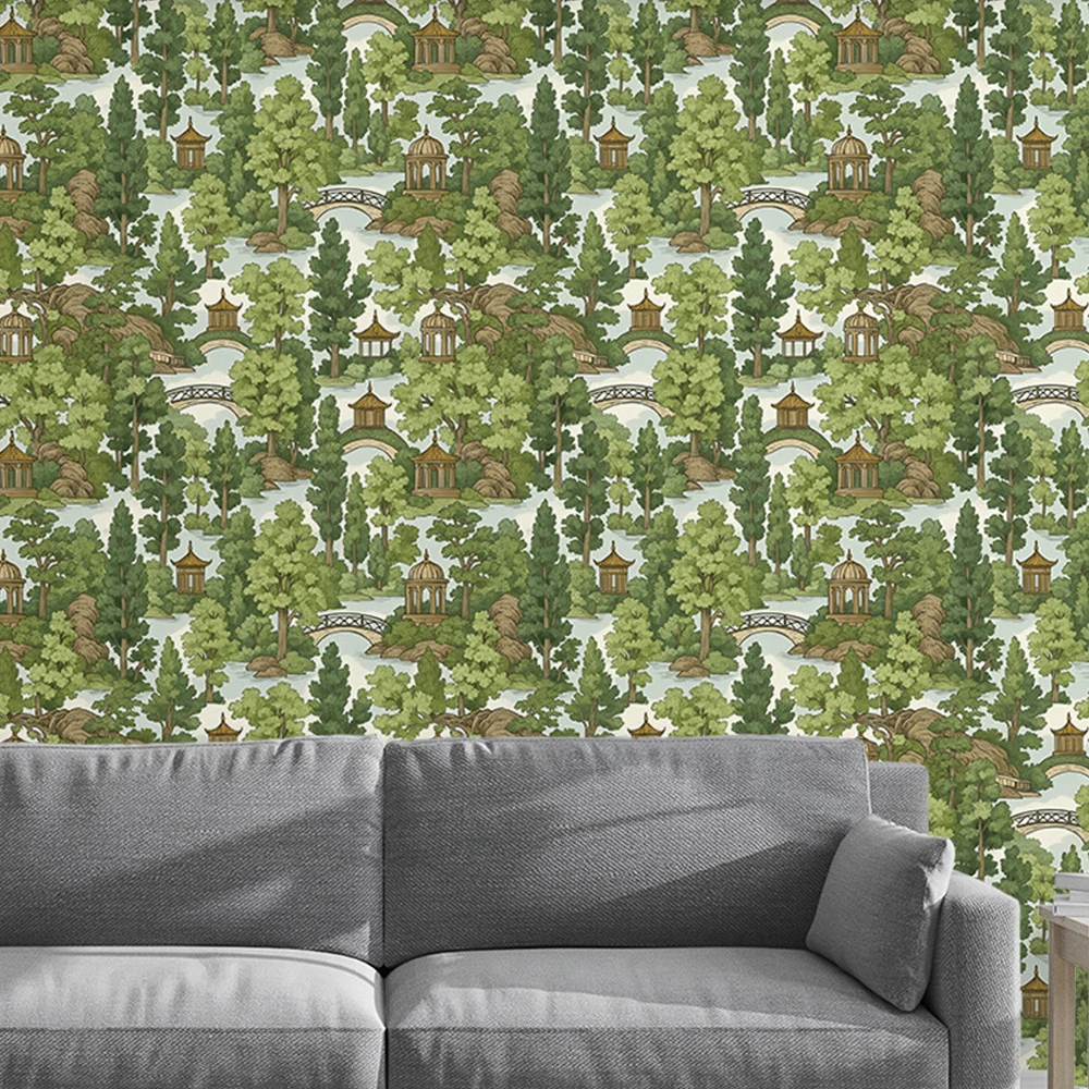 Self Adhesive Garden Pvc Wallpaper Tree Bridge Courtyard Decoration Prepasted Wallpaper for Living Room Bedroom