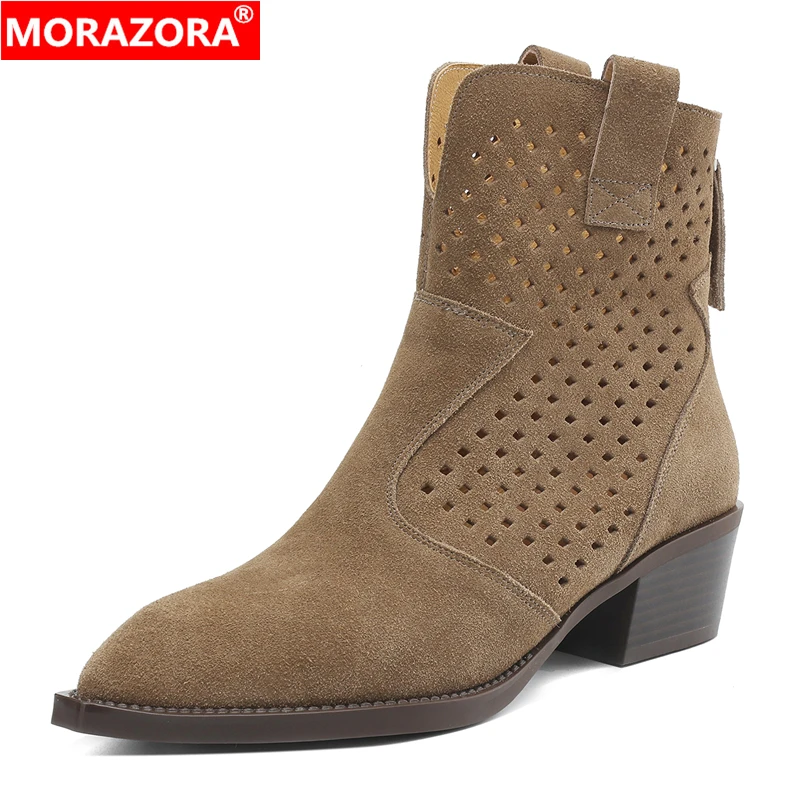 

MORAZORA, новые ковбойские сапоги в стиле вестерн, большие размеры 34–41, дышащие ботильоны на молнии с вырезами, весенне-осенние ботильоны, обувь ручной работы на среднем каблуке