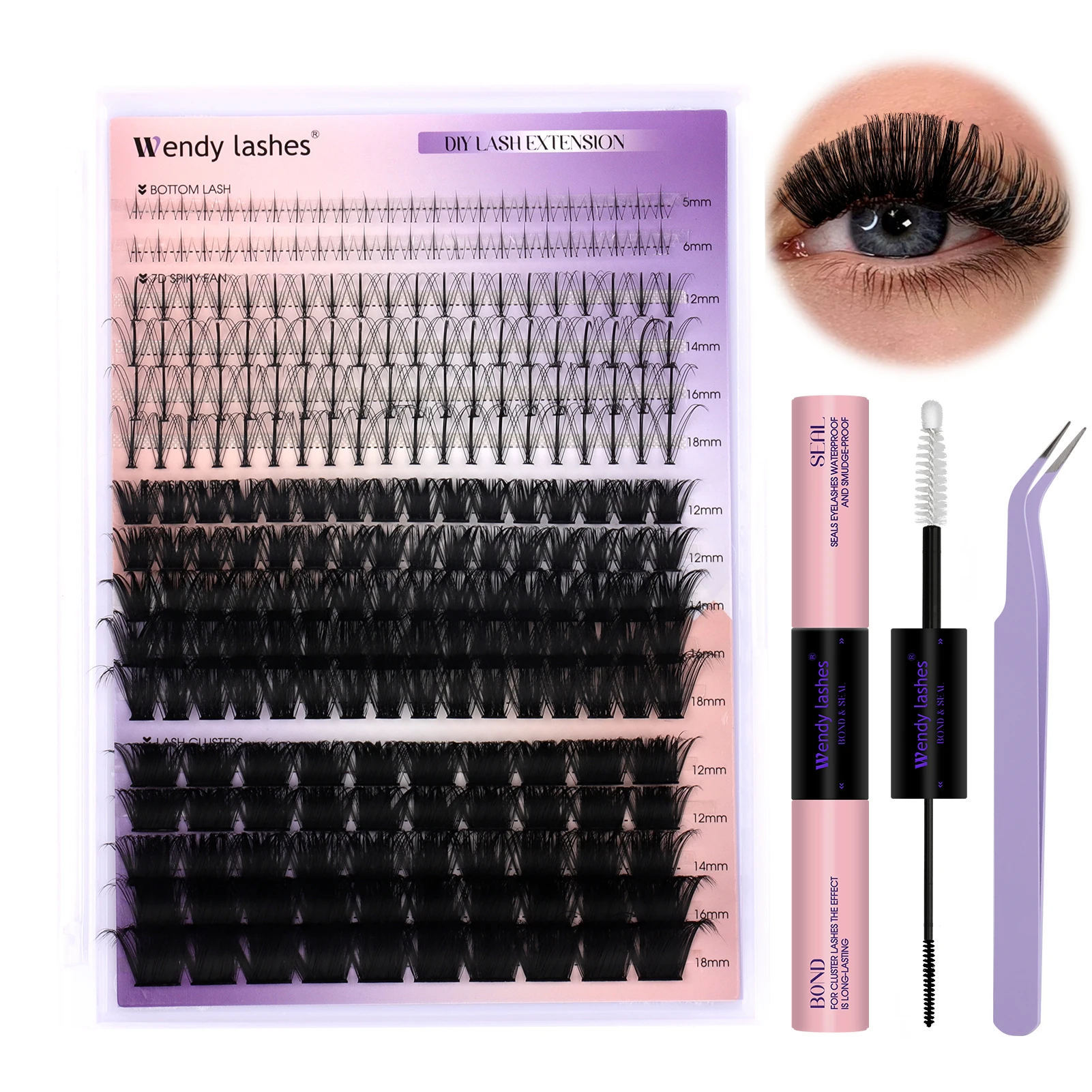 Wendy Lashes Mix Lash Clusters Zestaw do przedłużania rzęs i aplikator do rzęs z klejem do rzęs i aplikatorem do makijażu