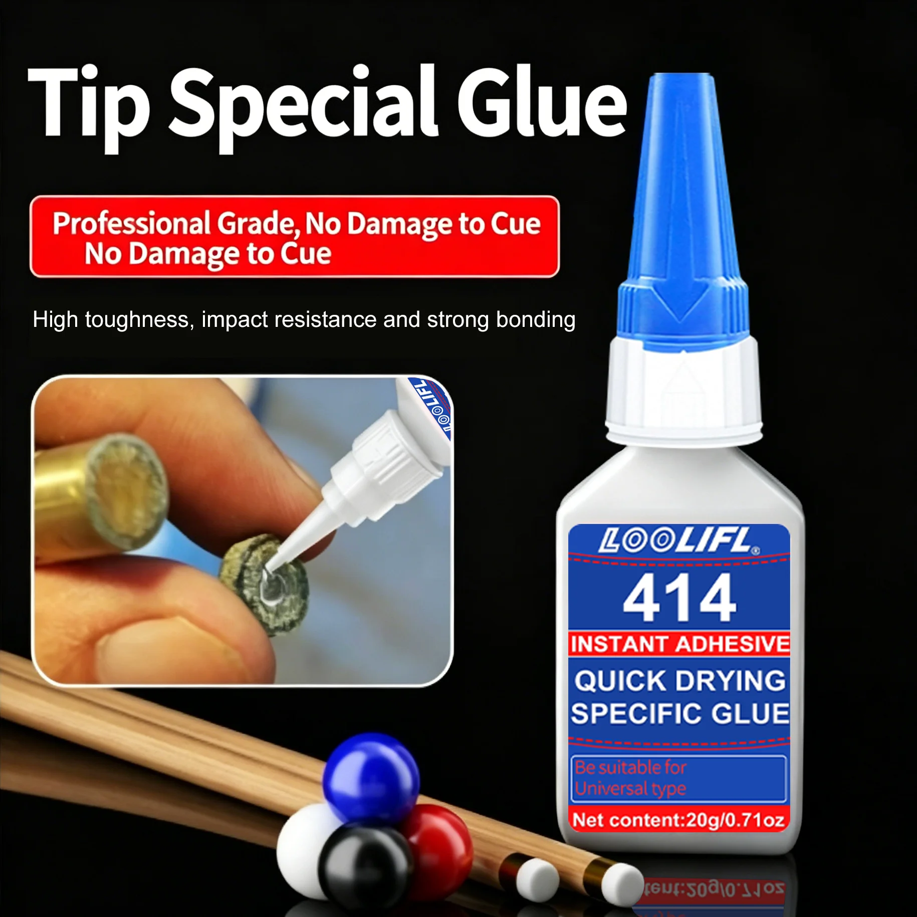LOOLIFL 414 Adhesivo 20g Adhesivo de alta calidad de la cabeza de la pelota de billar sin dañar la pelota de la pelota para la reparación de la cabeza de la pelota de billar de snooker