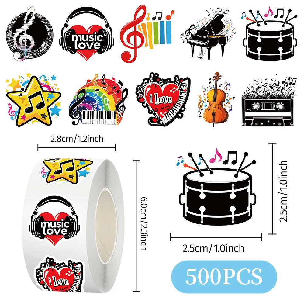 500pcs Roll Stickers Musical Instrument Notes Diy Stickers Anime Seal Label Decorative Cartoon Kids Party Candy Rolls Stickers