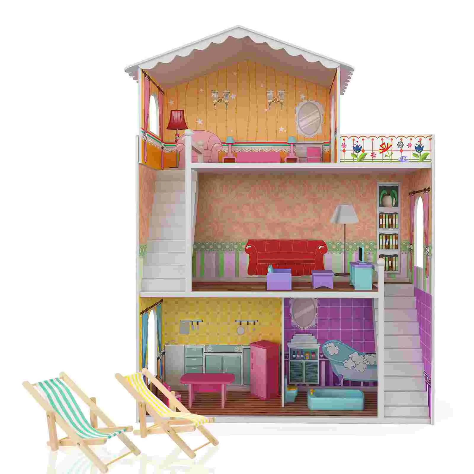 2 pçs casa de bonecas móveis espreguiçadeira em miniatura brinquedo deck coisas brinquedos