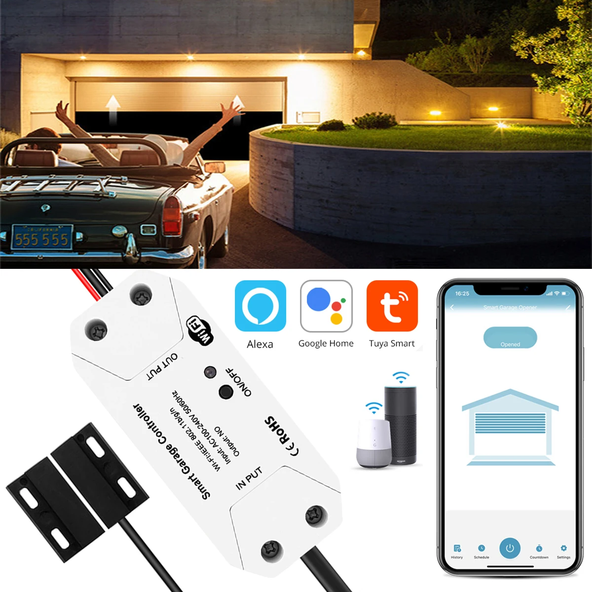 

Tuya Smart Life Garage Door Controller WiFi Smart Switch Opener Sensor APP Remote with Alexa Echo Google Home Voice Control