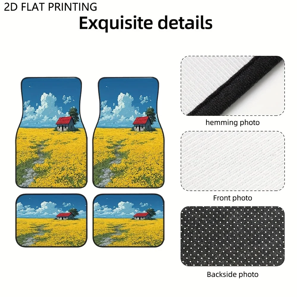4pcs, Golden Flower Field Pattern Car Floor Mats, Durable, NonSlip, Easy To Clean, Easy To Install, Suitable For Sedan, SUV, Tru