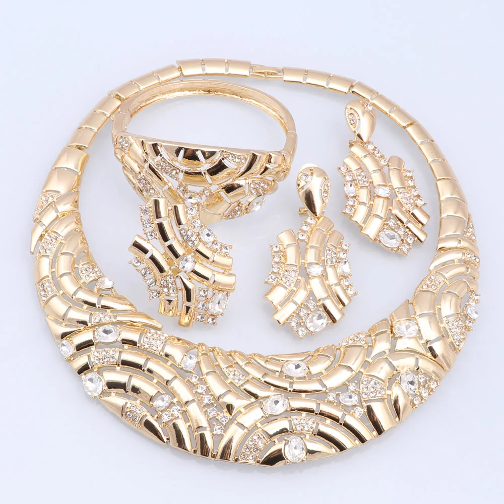 Luxury Dubai Gold Color Rhinestone Crystal Jewelry Sets For Women Necklace Bangle Earrings Ring Wedding Bridal Jewelry Sets