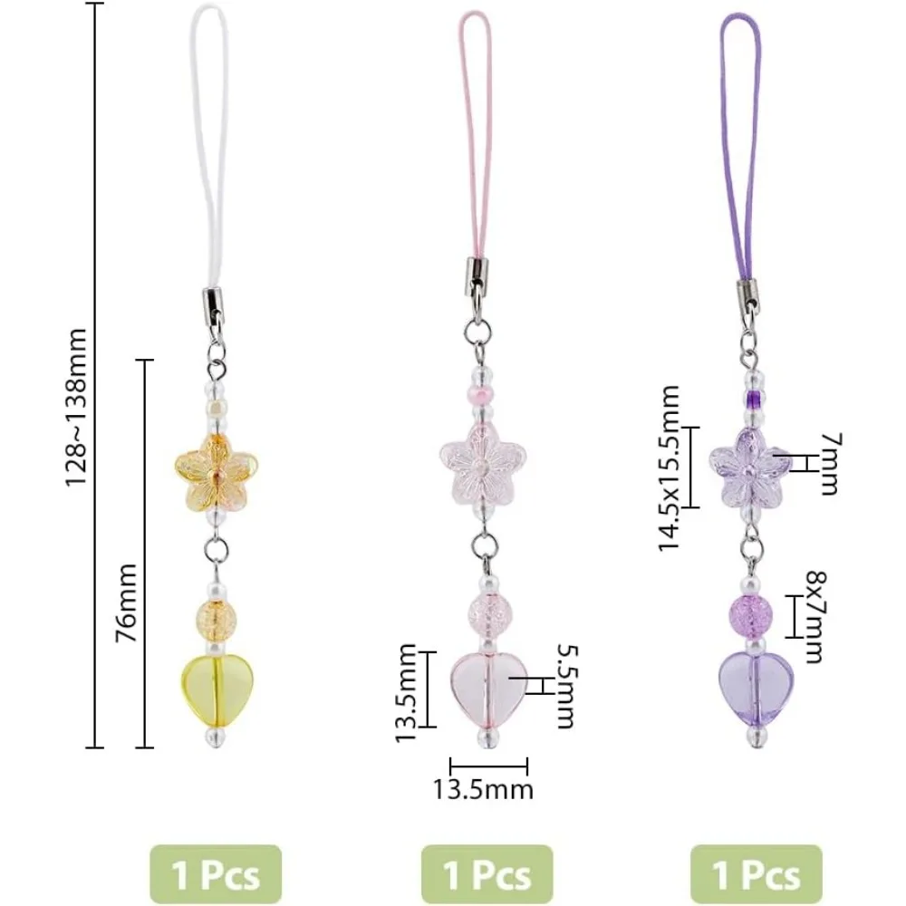 3Pcs Acrylic Beads Cell Phone Straps 12.8~13.8cm Flower Heart Elegant Phone Lanyard Wrist Strap Yellow Pink Purple Phone