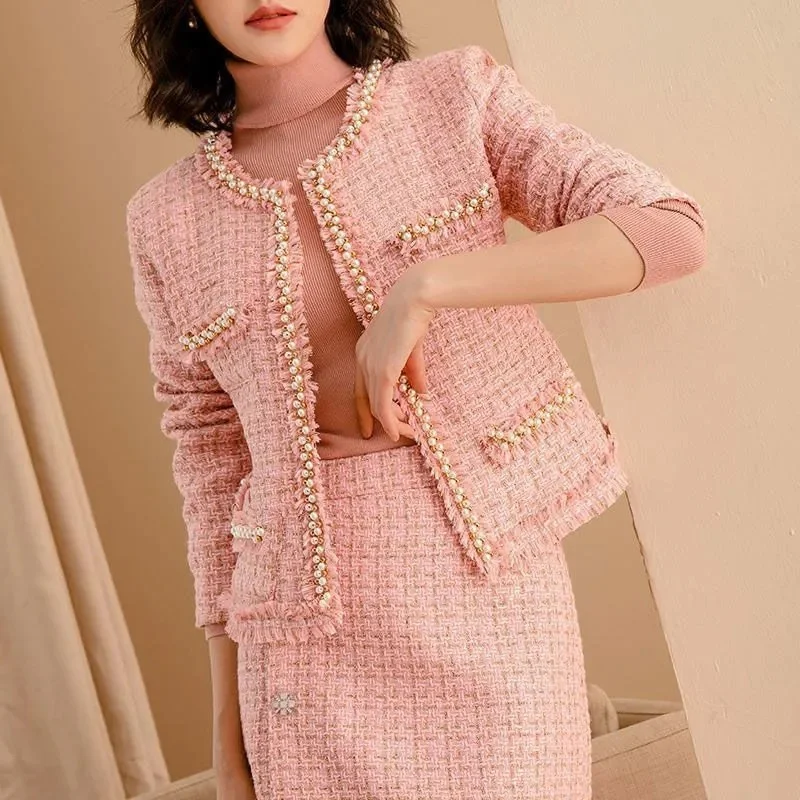 Autumn Winter Women Plaid Short Set Pink White Slim Tweed Jacket + Half Skirt Female Two-Piece Suits with Pearls