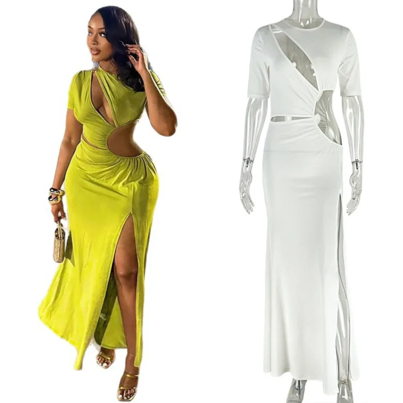

Elegant White Bodycon Maxi Dress For Women Cut Out O-Neck High Slit Design Ruched Waist Sexy Slim Fit Evening Club Outfit 2025