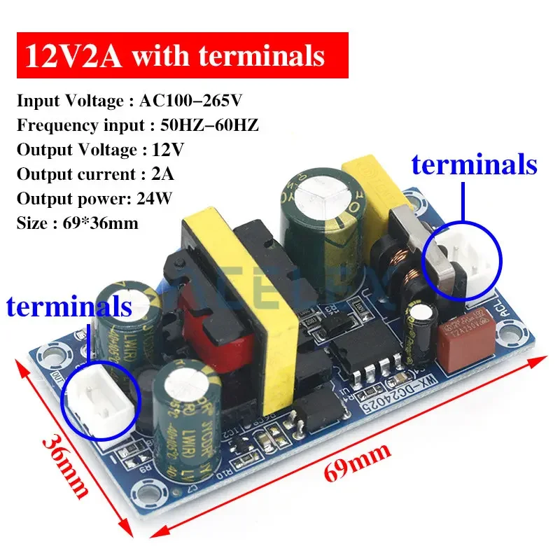 AC-DC 12V2A 24W Switching Power Supply Module Bare Circuit 100-265V to 12V 2A Board for Replace/Repair 24V1A