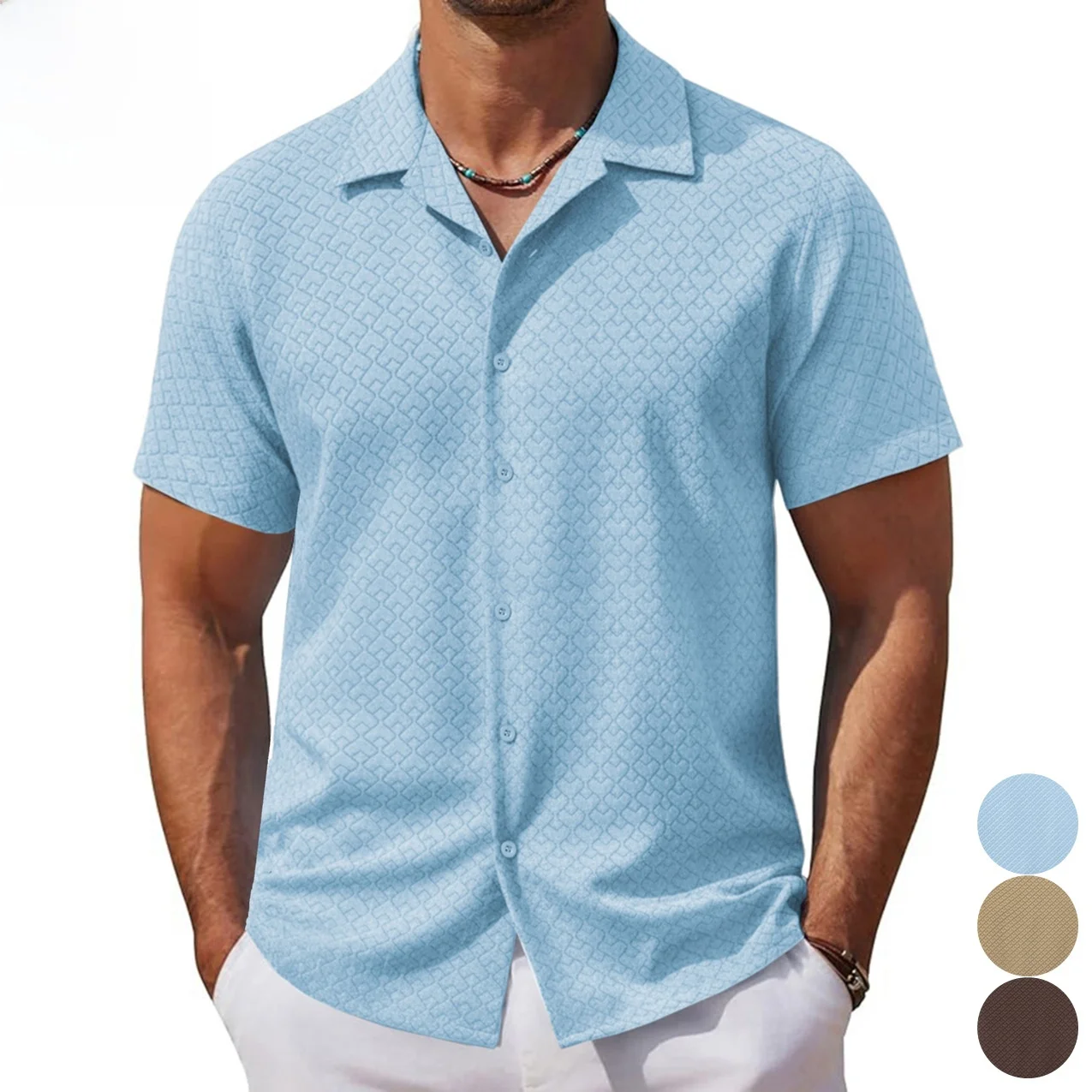 

Мужская повседневная рубашка в американском стиле с коротким рукавом, на пуговицах, с кубинским воротником, с вышивкой, приталенная, из полиэстера, летняя модная рубашка