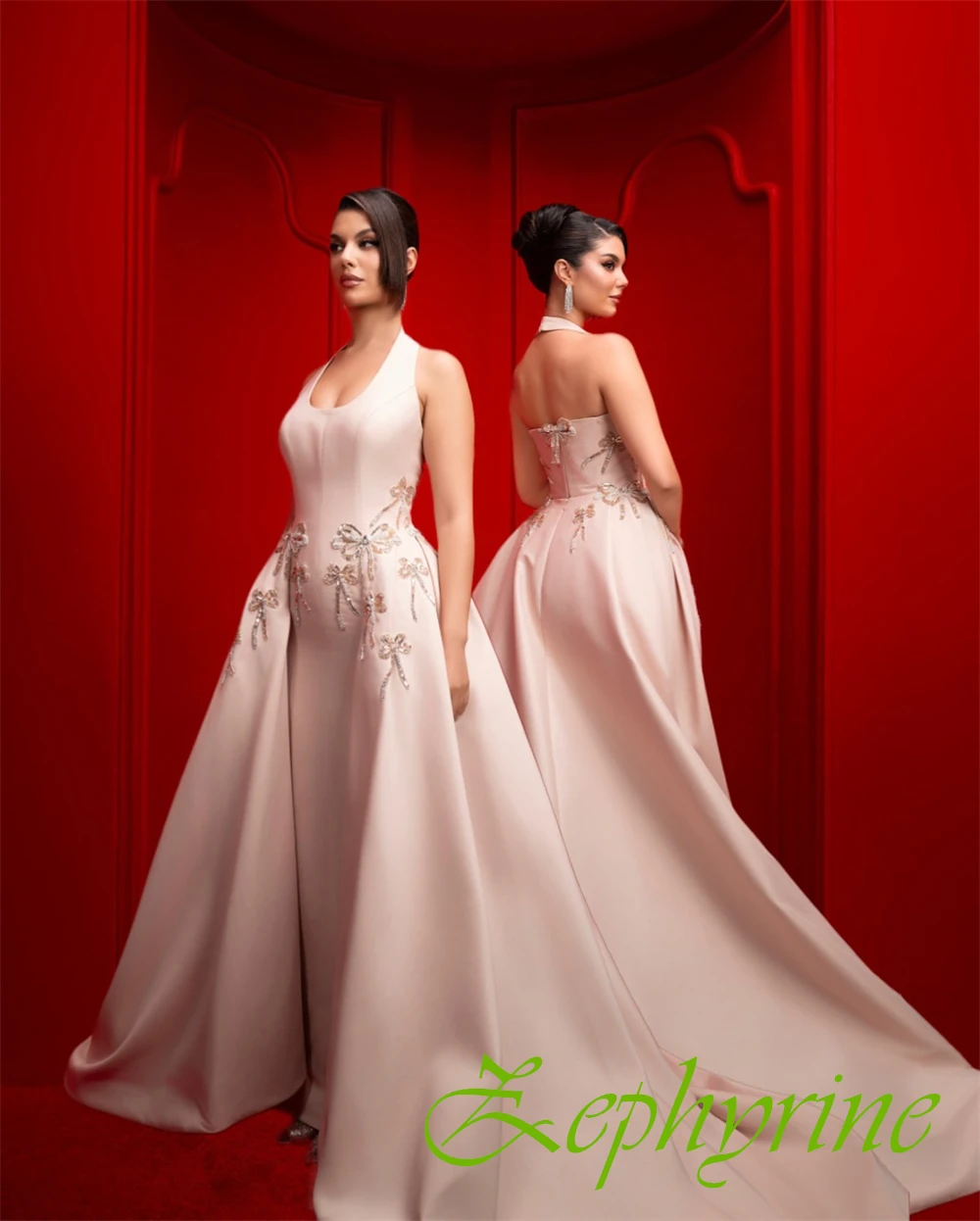 

Customized Luxury Satin Halter Evening Dress Elegant O-Neck Prom Dresses Delicate Sequined and Crystal Special Occasion Gowns