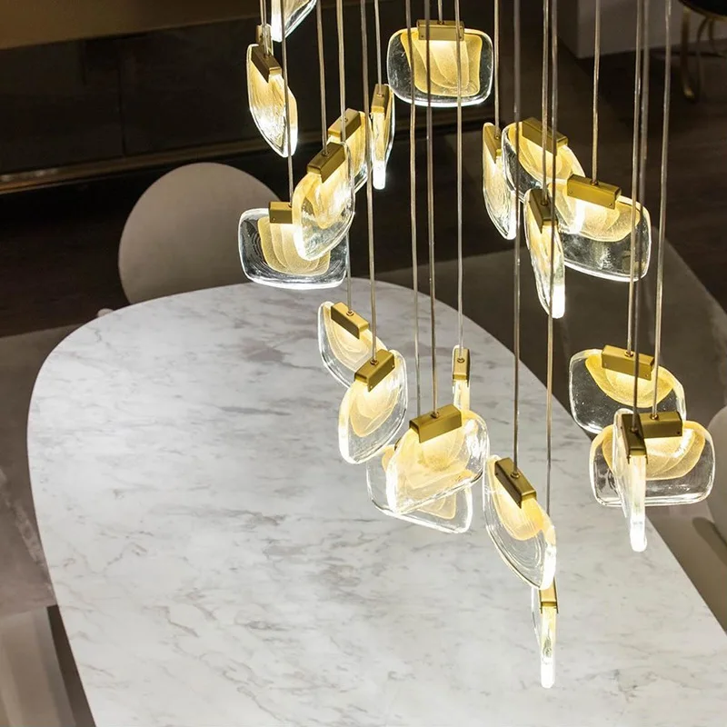 Nordic Stair Chandelier Led Dimmable for Banquet Hall Hotel Villa Hallway Pendant Lamp Gold Double Hollow Hanging Light Fixture