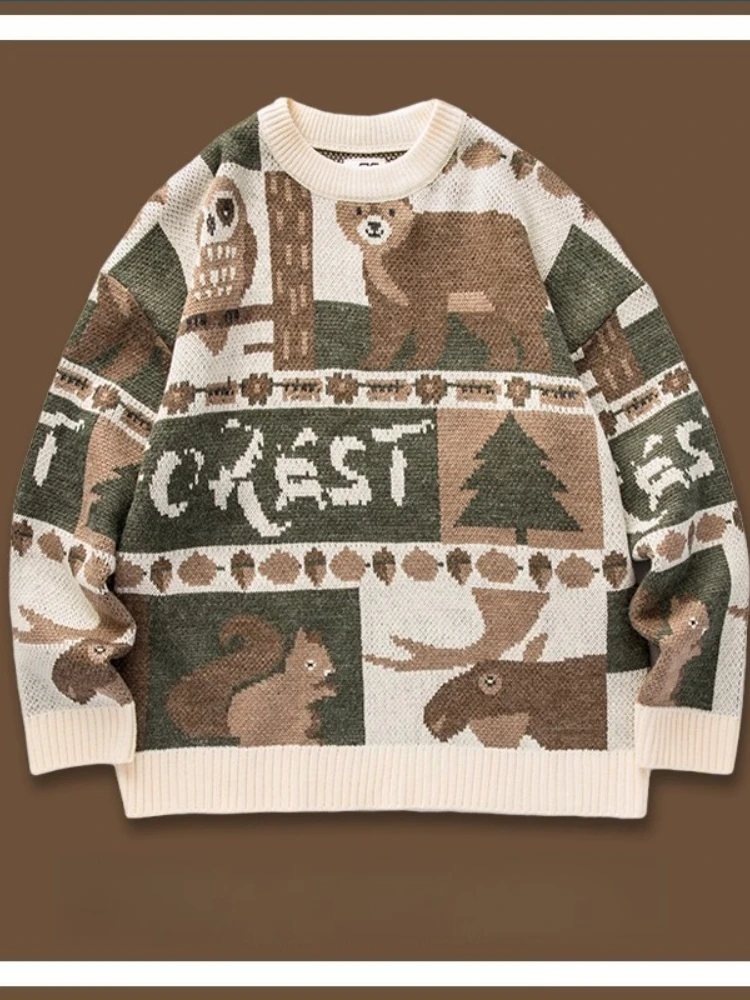 루즈핏 빈티지 O넥 크리스마스 스웨터 남성용 시크 두꺼운 니트 만화 풀오버 가을 겨울 캐주얼 스타일 니트웨어 탑