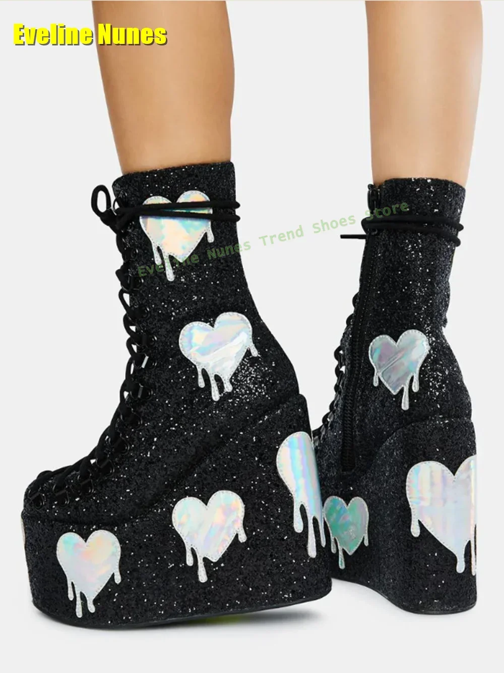 Black Glitter Traitor Club Boots with Holographic Hearts Round Toe Wedges Cross Tied Sequined Cloth Patchwork Fashion Boots 2025