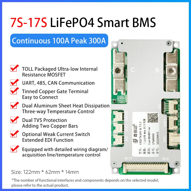 JBD OH17SA01 7S-17S 8S 24V 9S 10S 11S 13S 14S 36V 15S 16S 48V 40A-120A Smart BMS LiFePO4 Li-ion met UART RS485 KAN JR EDI