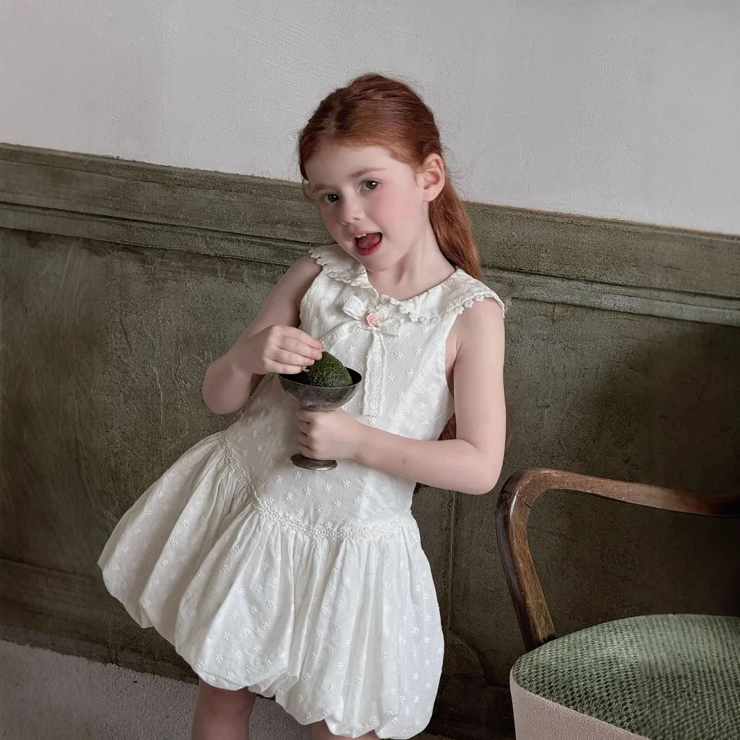 소녀 치마 2025 새로운 여름 아동 의류 한국어 스타일 소녀 아기 활 신선한 접합 레이스 타이 로프 조끼 꽃 봉오리 드레스