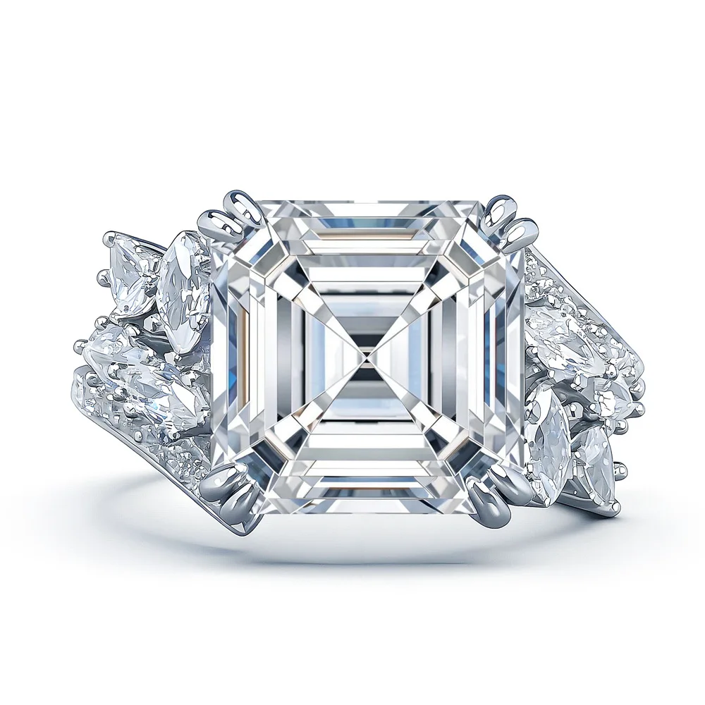 

S925 Rhodium Plated Silver 5CT D Color Asscher Cut Moissanite 10x10mm Square Pagoda Ring for Women, Exquisite Jewelry