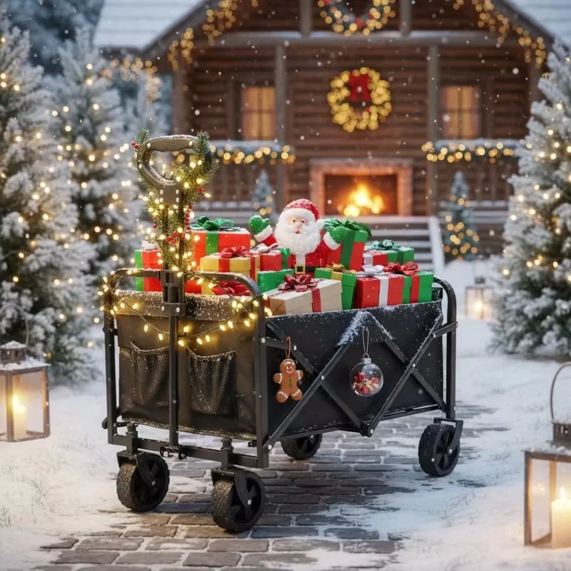 Black Heavy Duty Folding Utility Cart All Terrain Large Capacity for Yard Sports Outdoor Gardening Equipment Handling Multifunctional