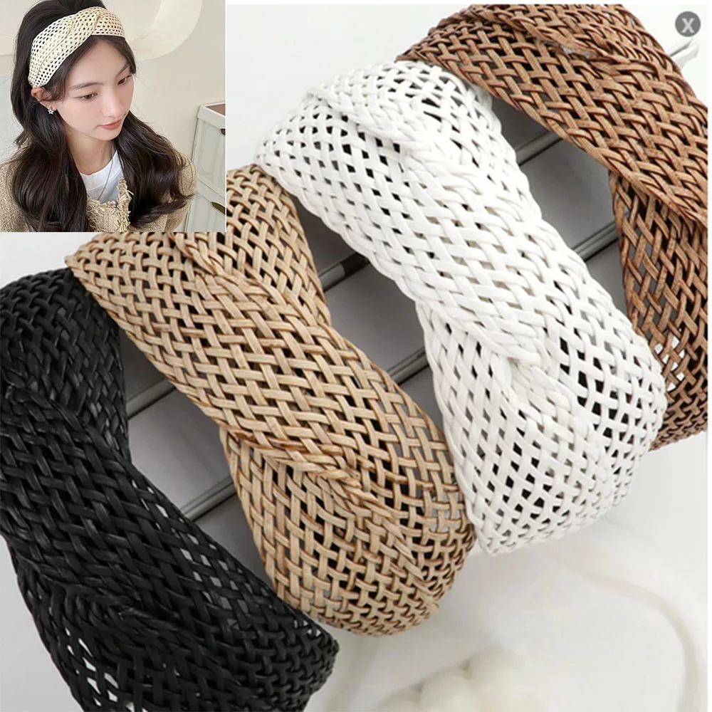 Fashion Cross Knotted Straw Weaving Women Girls Headband Hand-woven Wide-brimmed Handmade Hair Hoop Headwear Hair Accessories