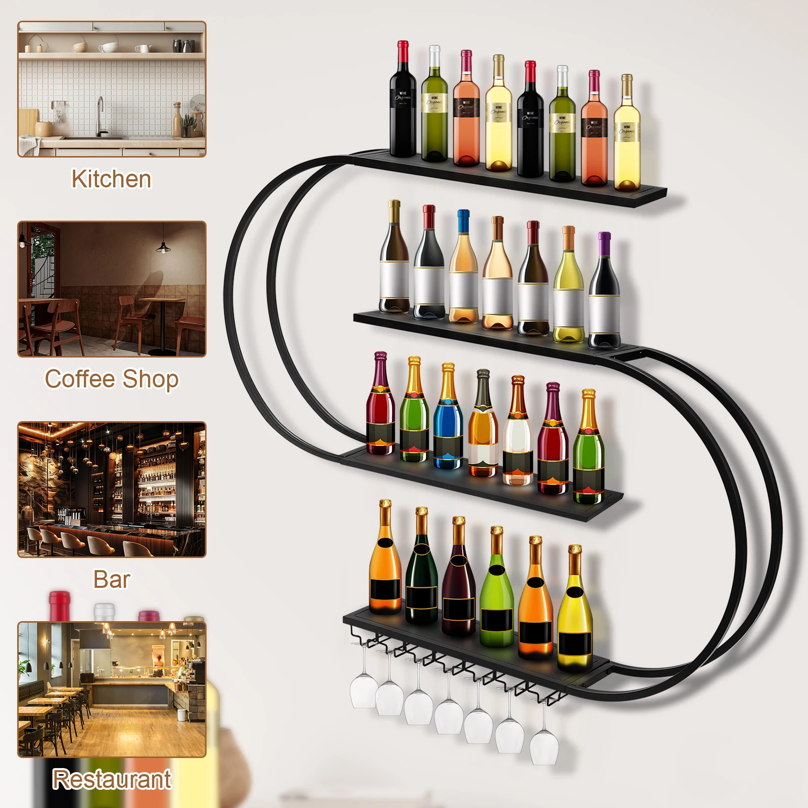 Bar Liquor Bottle Display Shelf with LED Light Countertop Liquor Cabinet Large Capacity for Home Bar Dining Room Decorative