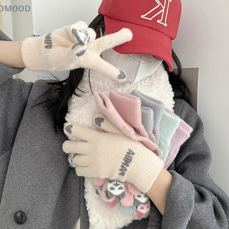 1Pair Women Warm Winter Touch Screen Gloves Stretch Knit Mittens Wool Full Finger Female Crochet Glove